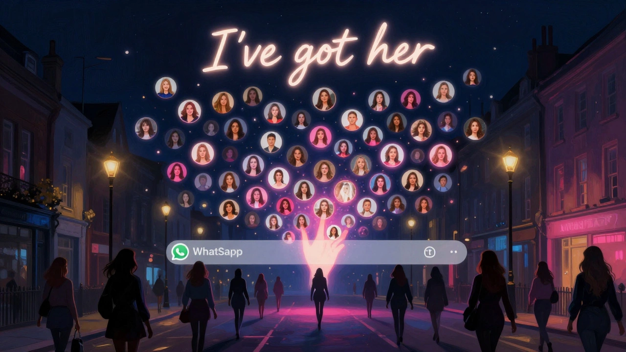 A digital constellation of women&#039;s profiles forming a supportive network, with the words &#039;I&#039;ve got her&#039; glowing in the dark.