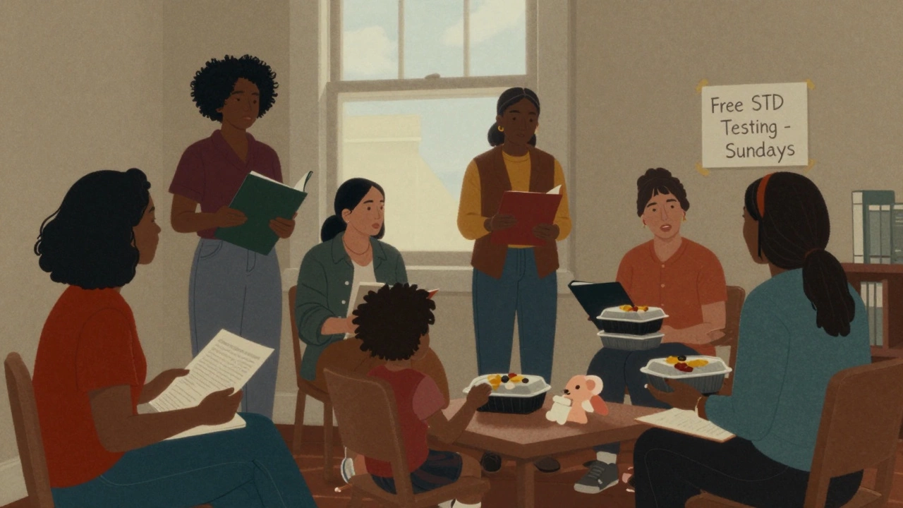 A group of sex workers meeting in a library room, sharing food and support, with a child nearby and health resources visible.